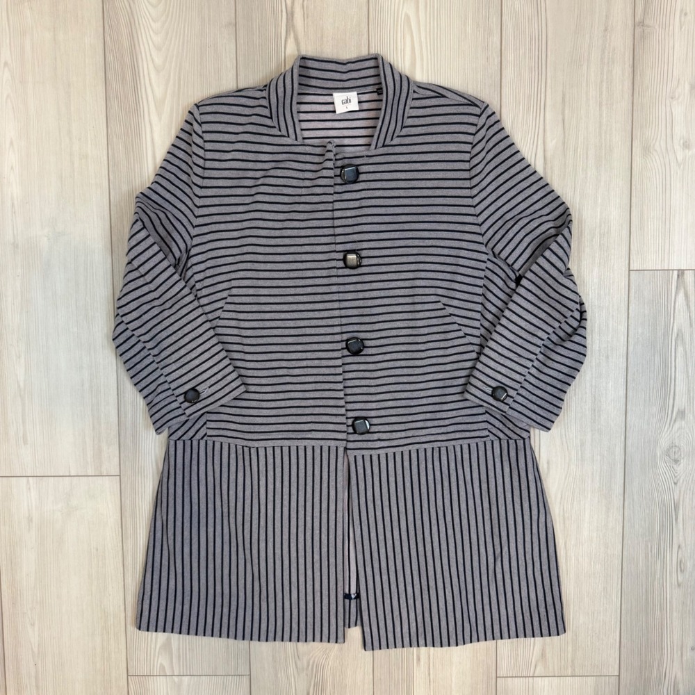 Cabi Sunday Cardigan Grey Navy Striped Longline Button Knit Topper 5474 Large
